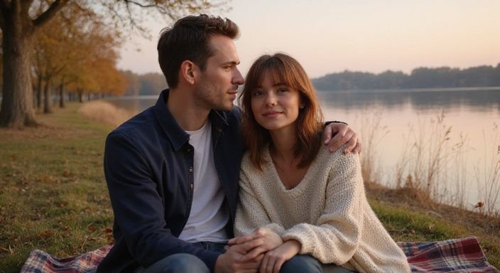 Ein Paar genießt ein ruhiges Picknick am Bodensee.