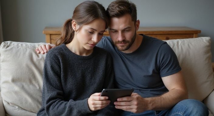 Ein Paar sitzt auf einem Sofa und schaut konzentriert auf ein Tablet unbd suche sexkontakt in Thurgau.