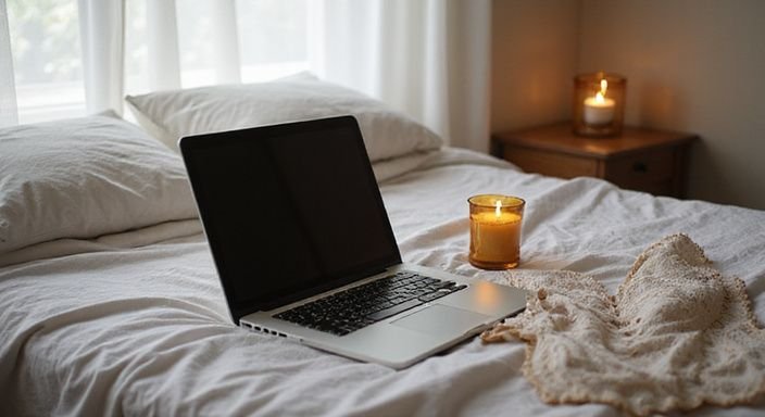 Ein einladendes Schlafzimmer mit Laptop und zarter Wäsche.