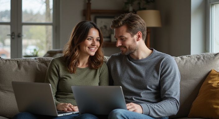 Ein Paar sitzt entspannt auf einer Couch und nutzt einen Laptop. Ein Paar sitzt entspannt auf einer Couch und nutzt einen Laptop.