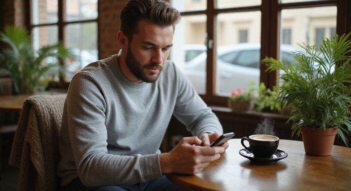 Ein Mann sitzt allein in einem Café und schaut auf sein Smartphone. Ein Mann sitzt allein in einem Café und schaut auf sein Smartphone und suche sexkontakt Vorarlberg.