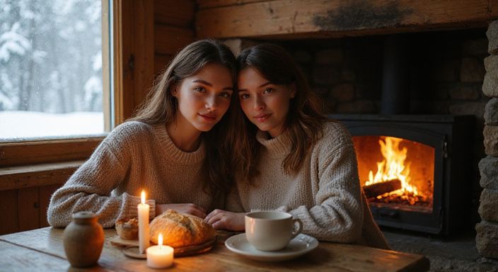 Ein rustikaler Chalet-Innenraum mit zwei Personen und warmen Details. Ein rustikaler Chalet-Innenraum mit zwei Personen und warmen Details.