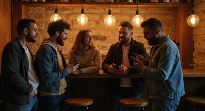 Sechs Erwachsene tauschen Telefonnummern in einer gemütlichen Bar. Sechs Erwachsene tauschen Telefonnummern in einer gemütlichen Bar.