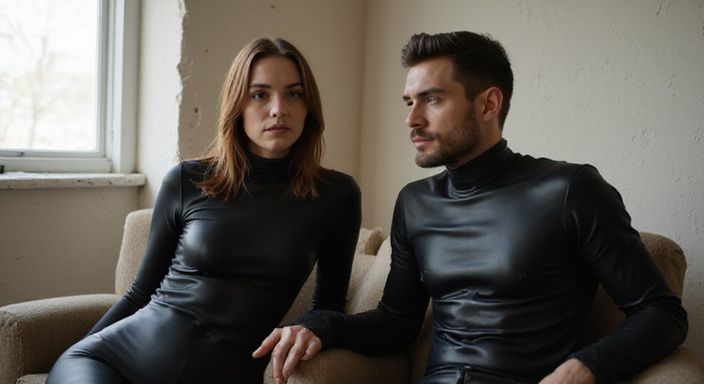 Ein Paar in schwarzen Latexoutfits sitzt erwartungsvoll in einem einfachen Raum. Ein Paar in schwarzen Latexoutfits sitzt erwartungsvoll in einem einfachen Raum.