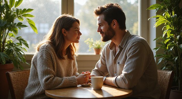 Ein Paar genießt einen intimen Kaffee in einem gemütlichen Café. Ein Paar genießt einen intimen Kaffee in einem gemütlichen Café.