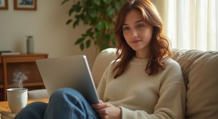 Eine Frau sitzt entspannt mit einem Laptop und einer Tasse Kaffee. Eine Frau sitzt entspannt mit einem Laptop und suche sexkontakt Vorarlberg.