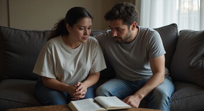 Ein Paar führt ein ernstes Gespräch auf einer Couch. Ein Paar führt ein ernstes Gespräch auf einer Couch.