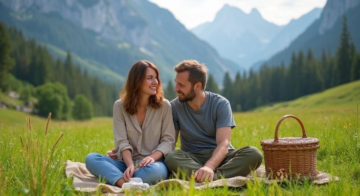 Ein Paar genießt einen entspannten Moment bei einem Picknick in den Bergen. Ein Paar genießt einen entspannten Moment bei einem Picknick in den Bergen.