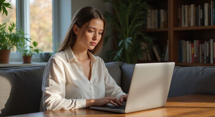 Eine Frau sitzt an einem Tisch und betrachtet Anzeigen für sexkontakt in Rheinland-Pfalz auf ihrem Laptop