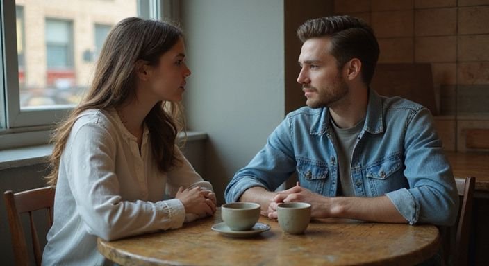Zwei Menschen führen ein ernstes Gespräch in einem Café. Zwei Menschen führen ein ernstes Gespräch in einem Café.