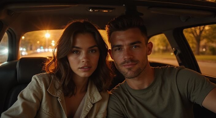 Ein junges Paar sitzt entspannt in einem geparkten Auto. Ein junges Paar sitzt entspannt in einem geparkten Auto.