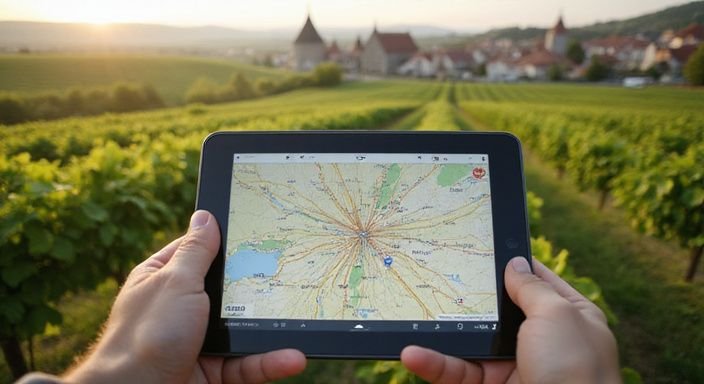 Eine handgehaltene Tablet-Anzeige einer digitalen Landkarte von Rheinland-Pfalz. Eine handgehaltene Tablet-Anzeige einer digitalen Landkarte von Rheinland-Pfalz.