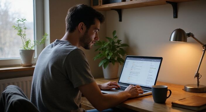 Eine Person arbeitet konzentriert in einem heimischen Büro am Laptop. Eine Person arbeitet konzentriert in einem heimischen Büro am Laptop.
