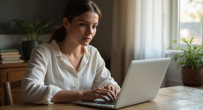 Frau in entspannter Pose, konzentriert am Laptop arbeitend. Frau in entspannter Pose, konzentriert am Laptop arbeitend.