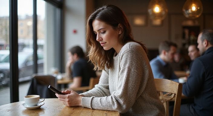 Eine Frau sitzt in einem Café und nutzt eine Dating-App. Eine Frau sitzt in einem Café und nutzt eine Dating-App für sexkontakt in Rheinland-Pfalz.