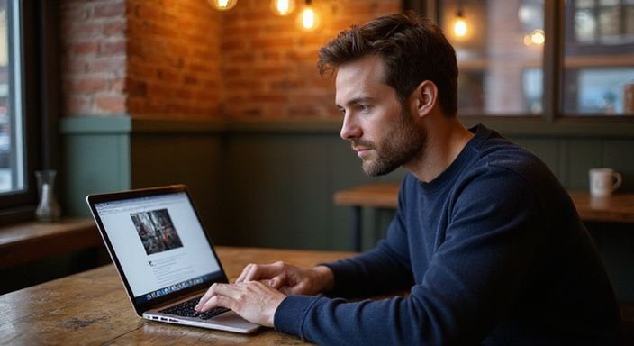 Ein Mann arbeitet konzentriert an seinem Laptop in einem Café. Ein Mann arbeitet konzentriert an seinem Laptop in einem Café und suche sexkontakt in Rheinland-Pfalz.