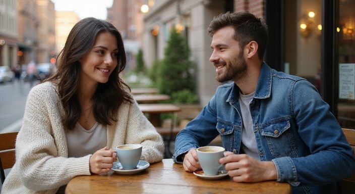 Junge Frau und Mann teilen einen intimen Moment in einem Café. Junge Frau und Mann teilen einen intimen Moment in einem Café.