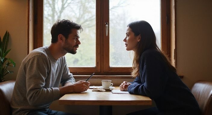 Ein Mann und eine Frau führen ein vertrauliches Gespräch in einem Café. Ein Mann und eine Frau führen ein vertrauliches Gespräch in einem Café.