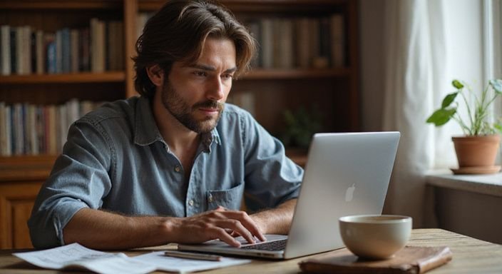 Ein konzentrierter Mann arbeitet an seinem Laptop in einem Heimbüro. Ein konzentrierter Mann arbeitet an seinem Laptop in einem Heimbüro und suche sexkontakt in Sachsen-Anhalt.