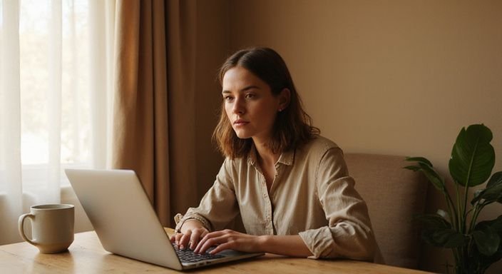 Eine Frau konzentriert sich beim Lesen von Escort-Anzeigen am Laptop. Eine Frau konzentriert sich beim Lesen von Escort-Anzeigen am Laptop.