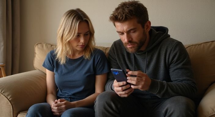 Ein Paar sitzt angespannt auf einer Couch und schaut auf ihre Handys. Ein Paar sitzt angespannt auf einer Couch und schaut auf ihre Handys.