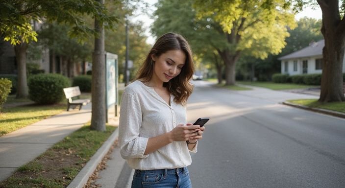 Eine Frau betrachtet ihr Smartphone auf einer ruhigen Wohnstraße. Eine Frau betrachtet ihr Smartphone auf einer ruhigen Wohnstraße.