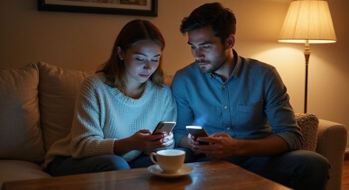 Ein Paar entspannt auf einer Couch, konzentriert auf ihre Smartphones. Ein Paar entspannt auf einer Couch, konzentriert auf ihre Smartphones.