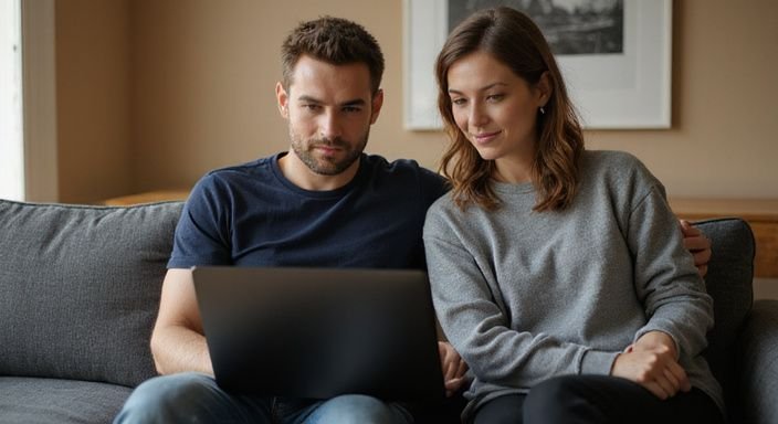 Ein Paar sitzt zusammen auf einem Sofa und nutzt einen Laptop. Ein Paar sitzt zusammen auf einem Sofa und wollen sexkontakt in Sachsen-Anhalt.