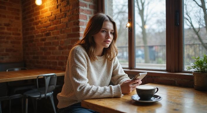 Eine Frau in einem Café scrollt entspannt durch ihr Smartphone