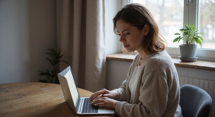 Eine Frau sitzt am Tisch und durchstöbert Anzeigen für Partnersuche. Eine Frau sitzt am Tisch und durchstöbert Anzeigen für sexkontakt in Thüringen.