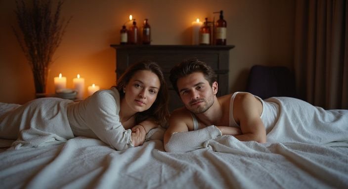 Ein entspanntes Paar genießt eine Paarmassage in einem gemütlichen Studio