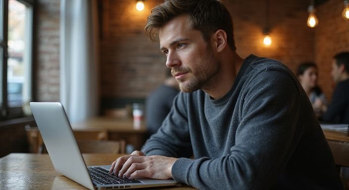 Ein nachdenklicher Mann arbeitet konzentriert an seinem Laptop in einem Café. Ein nachdenklicher Mann arbeitet konzentriert an seinem Laptop in einem Café und suche sexkontakt in Thüringen.