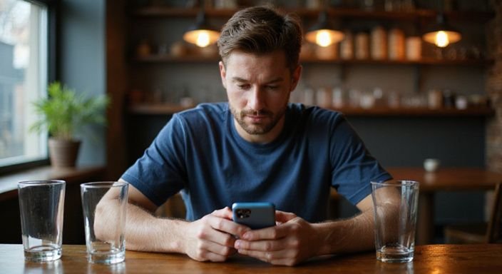 Ein Mann sitzt alleine an einer Bar und nutzt sein Smartphone. Ein Mann sitzt alleine an einer Bar und nutzt sein Smartphone und wollen sexkontakt in Thüringen.