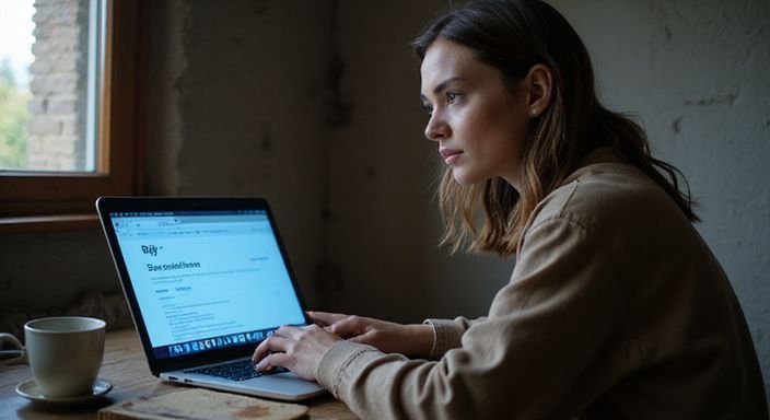 Eine Frau sitzt nachdenklich an einem Schreibtisch vor ihrem Laptop. Eine Frau sitzt nachdenklich an einem Schreibtisch vor ihrem Laptop.