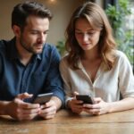 Ein Paar nutzt ihre Handys in einem belebten Café