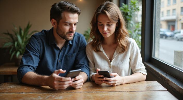 Ein Paar nutzt ihre Handys in einem belebten Café. Ein Paar nutzt ihre Handys in einem belebten Café.