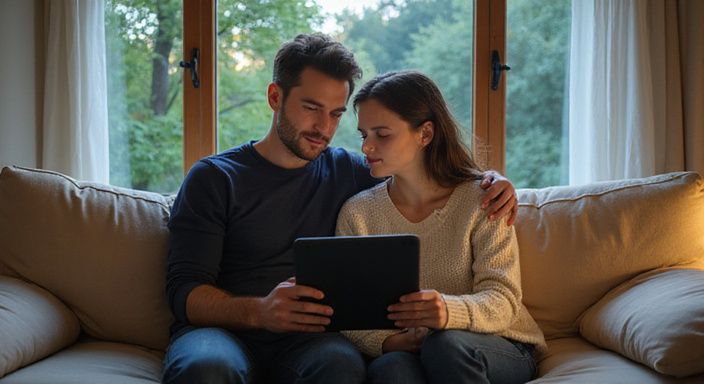 Ein Paar sitzt auf einer Couch und betrachtet konzentriert ein Tablet. Ein Paar sitzt auf einer Couch und betrachtet konzentriert ein Tablet und suche sexkontakt Brandenburg.
