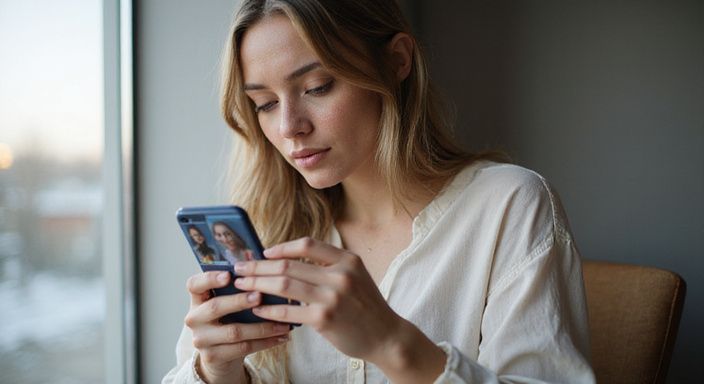 Eine Frau nutzt konzentriert eine Dating-App auf ihrem Smartphone. Eine Frau nutzt konzentriert eine Dating-App auf ihrem Smartphone.