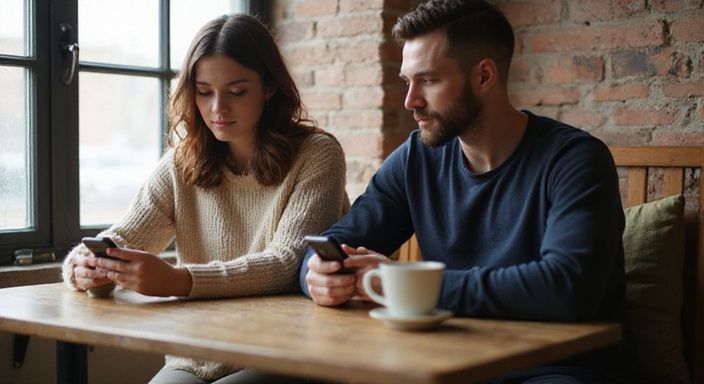 Ein junges Paar sitzt in einem Café und schaut auf ihre Handys. Ein junges Paar sitzt in einem Café und wollen sexkontakt in Brandenburg.