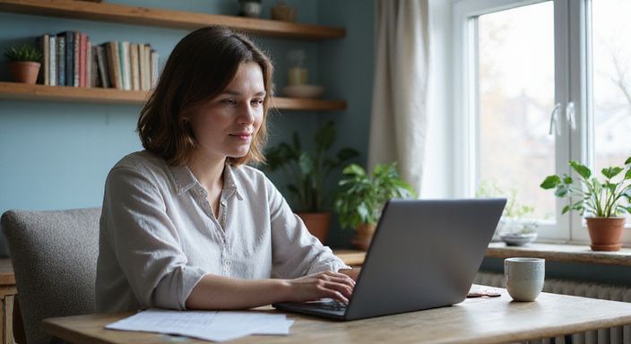 Eine konzentrierte Frau arbeitet an ihrem Laptop in einem gemütlichen Zuhause. Eine konzentrierte Frau arbeitet an ihrem Laptop in einem gemütlichen Zuhause.