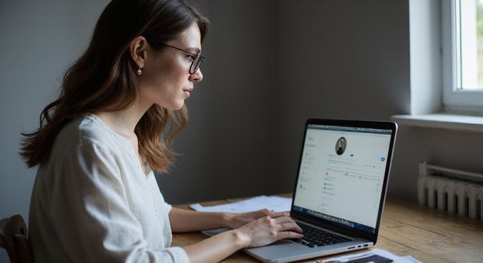 Eine konzentrierte Frau arbeitet an ihrem Laptop an einem Schreibtisch. Eine konzentrierte Frau arbeitet an ihrem Laptop an einem Schreibtisch.