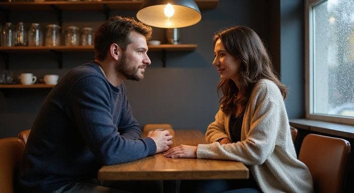 Ein Paar sitzt in einem Café und genießt eine intime Unterhaltung. Ein Paar sitzt in einem Café und genießt eine intime Unterhaltung.