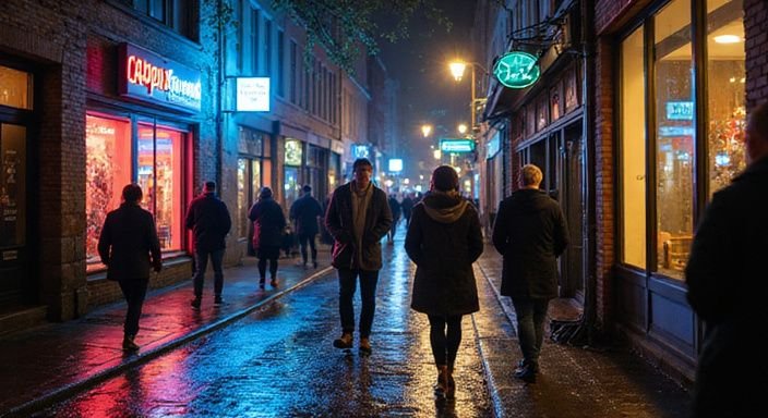 Nasse Straßen Hamburgs zeigen lebendige Menschen und lebhafte Architektur bei Nacht. Nasse Straßen Hamburgs zeigen lebendige Menschen und lebhafte Architektur bei Nacht.