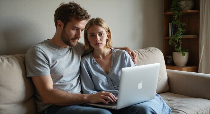 Ein Paar sitzt entspannt auf einem Sofa und nutzt einen Laptop. Ein Paar sitzt entspannt auf einem Sofa und wollen sexkontakt in Hamburg.