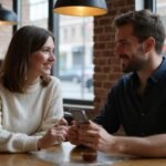 Sexkontakt Hamburg: Jetzt unkomplizierte Treffen in deiner Nähe finden Ein Paar lächelt gemeinsam über ein Smartphone in einem Café