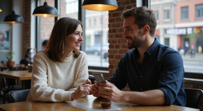 Ein Paar lächelt gemeinsam über ein Smartphone in einem Café