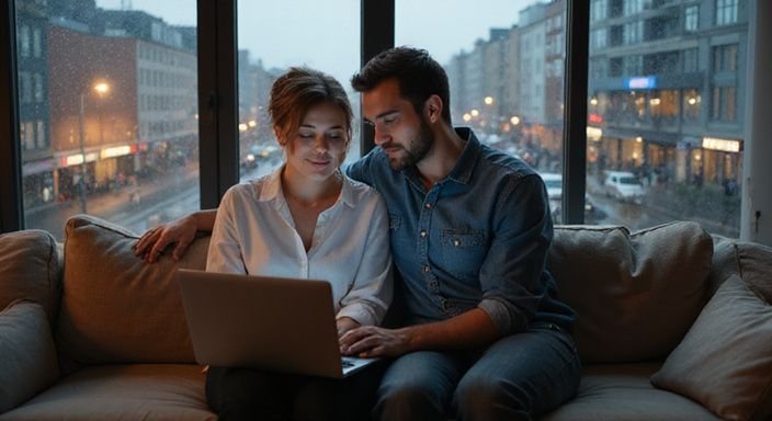 Ein Paar sitzen eng auf einem Sofa und schauen auf einen Laptop. Ein Paar sitzen eng auf einem Sofa und schauen auf einen Laptop.