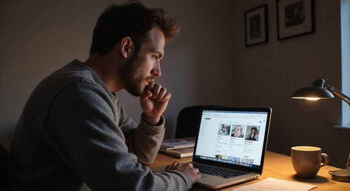 Ein Mann betrachtet aufmerksam Profile von Therapeuten und Dominatrixen.