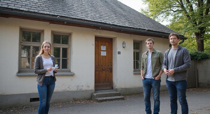 Eine Gruppe junger Erwachsener zeigt IDs vor einem einfachen Gebäude.