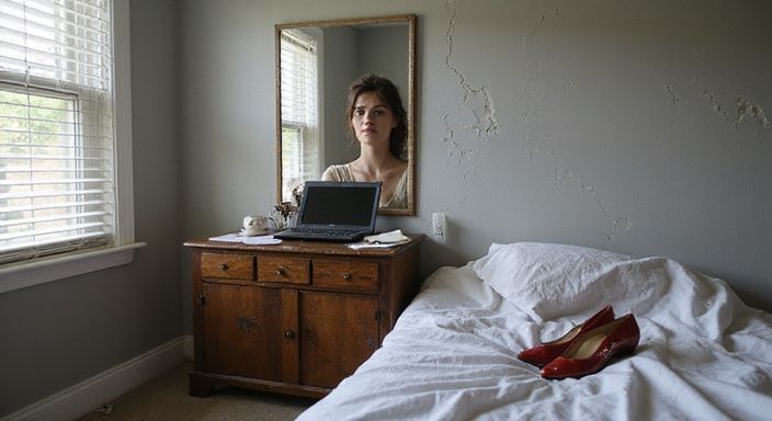 Ein unordentliches Schlafzimmer mit einem kleinen Schreibtisch und High Heels.